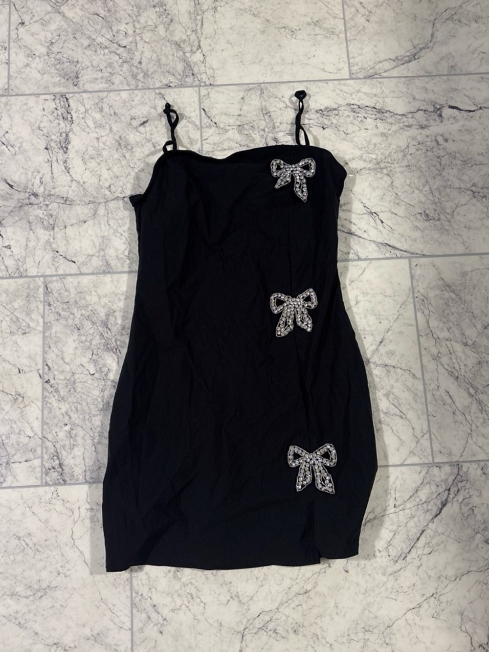 Trixxi Black Mini Dress with Rhinestone Bow Accents
